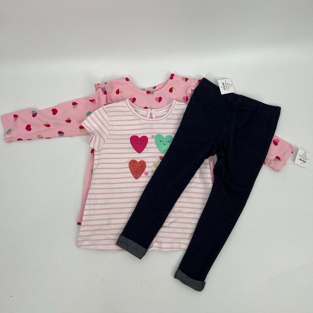Little Me Babies' Girls 3Pcs Striped Hearts Print Tops & Pants Set Blue 24 M NWT